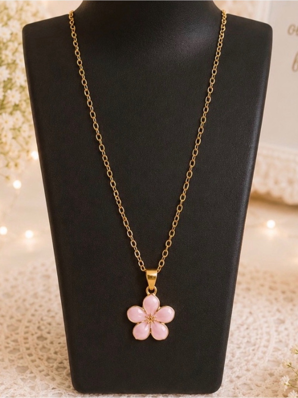 Pink Flower Enamel Pendant Necklace - Gold Tone Chaim-Women Jewelry